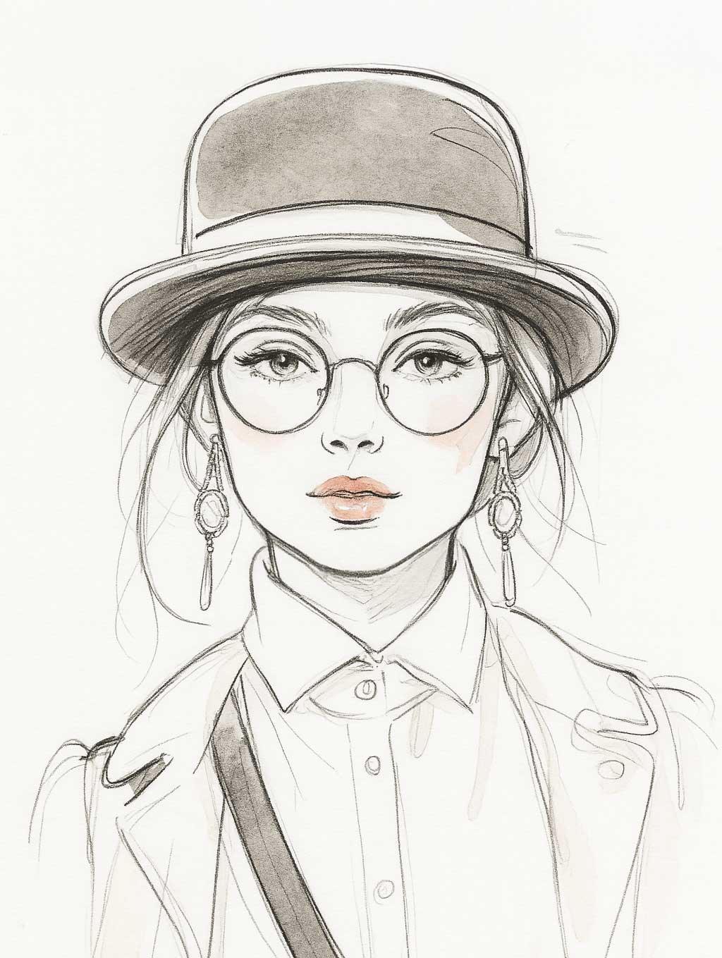 女性が丸い眼鏡と丸いイヤリング、ボーラーハットを身につけている。これらのアクセサリーが顔のラインを和らげている。